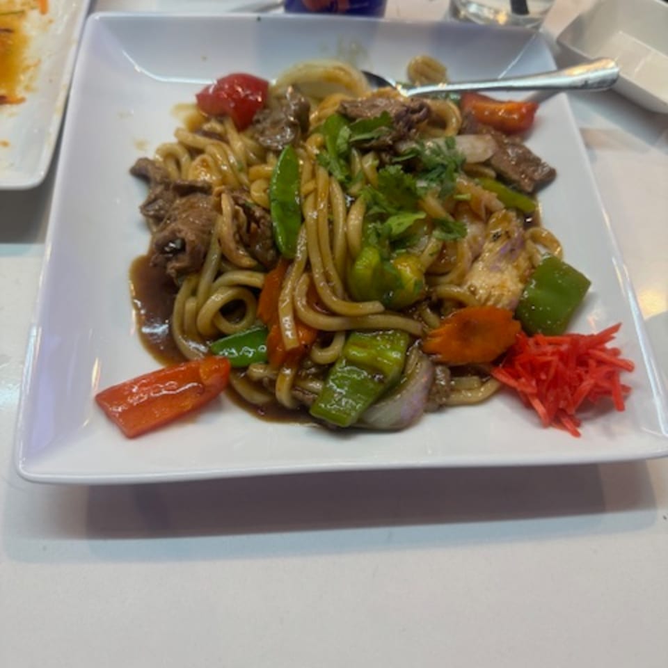 Japanese beef udon noodles with vegetables and pickled ginger on a white plate.
